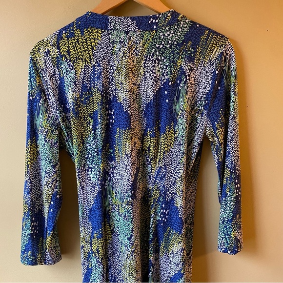 BCBGMAXAZRIA Designer Wrap Dress Medium Blue Yellow Floral Wrap 3/4 Sleeves - Picture 8 of 15